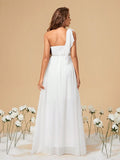 One Shoulder Chiffon Pearl Belt Wedding Dress With Slit