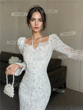 Long Sleeve Off-Shoulder White Lace Midi Dress