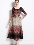 Long Sleeve Star Print Midi Winter Dress With Belt