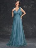 Tulle Sequin Blue V Neck A Line Prom Dress