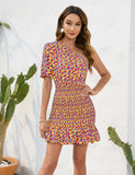 PRINTED DIAGONAL SHOULDER SHORT DRESS