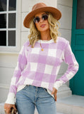 Long Sleeve Round Neck Plaid Sweater