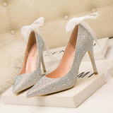 THIN-HEELED SHALLOW-MOUTH POINTED RHINESTONE HIGH HEELS