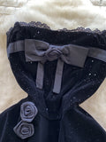 Lace Trim Bows Sparkle Black Velvet Dress