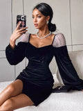 Sheer Polka Dot Sleeves Black Velvet Dress