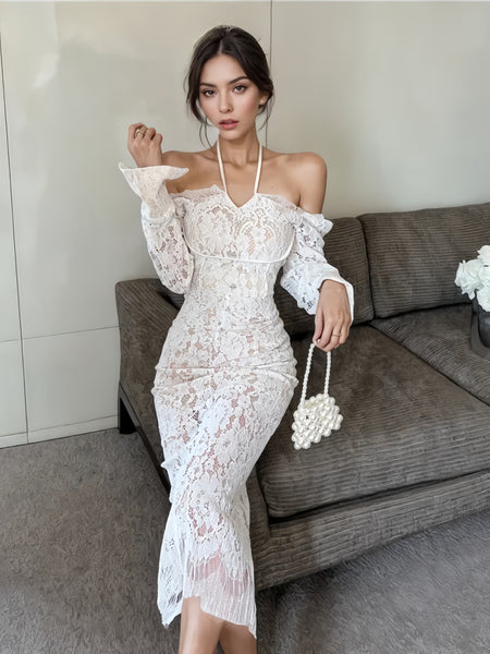 Long Sleeve Off-Shoulder White Lace Midi Dress