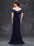 Off The Shoulder Trumpet Mermaid Navy Sequin Prom Dress