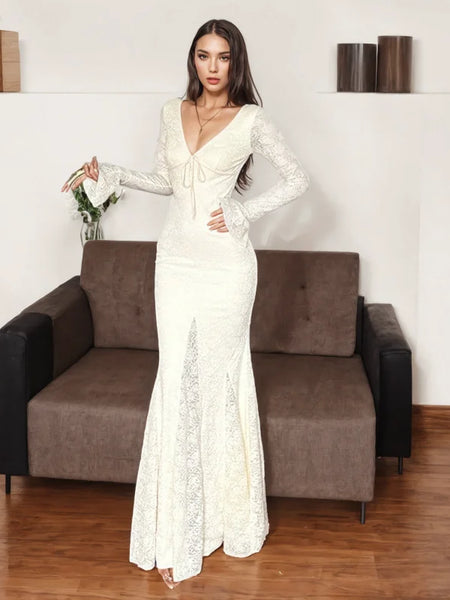 Bell Sleeves Lace White Maxi Dress