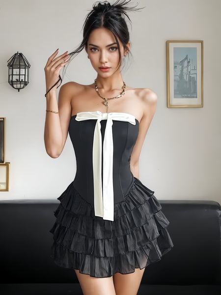 Elegant White Bow Strapless Black Mini Dress