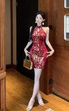 Glamorous Halter Neck Dress with Red and Gold Brocade Pattern