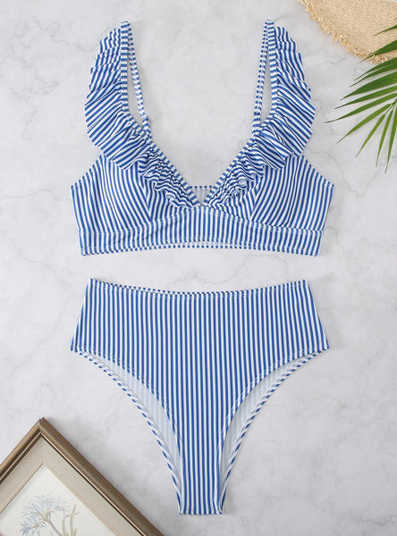 High waist ruffled striped printed swimsuit