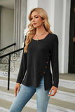 SQUARE NECK BUTTON SPLIT LOOSE LONG SLEEVE T-SHIRT