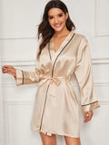 LAPEL PAJAMAS IMITATION SILK BELT ROBE