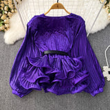 Lush Pleated Purple Ruffled Blouse