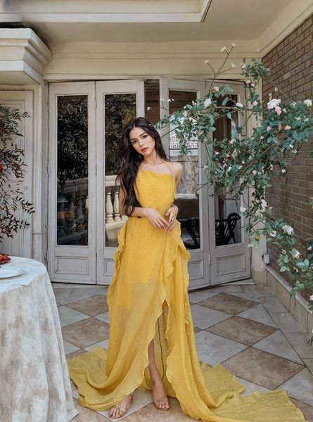 Flowing Ruffles Yellow Strapless Maxi Dress