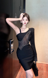 Chic Asymmetric Black Dress with Mesh and Rhinestone Detail