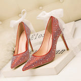 THIN-HEELED SHALLOW-MOUTH POINTED RHINESTONE HIGH HEELS