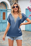 V-neck Lace Satin Short Sleeve Shirt