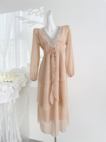 Sheer Long Sleeves Sparkling Embellishments Layered Dress