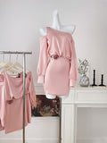 Rose Waist Long Sleeves Pink One-Shoulder Dress