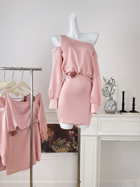 Rose Waist Long Sleeves Pink One-Shoulder Dress