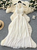 Ruffled Bodice Flowing White Halter Maxi Dress