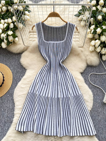 Vertical Striped Pattern Square Neck Dress