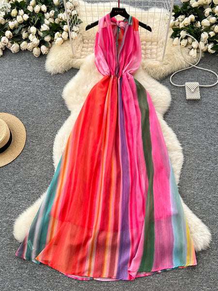 Multicolored Stripes Colorful Halter Neck Maxi Dress