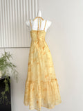 Button Yellow Tie-Dye Halter Maxi Dress