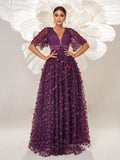 Sheer Sleeves Deep Purple Floral Embroidered Prom Dress