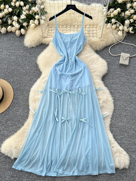 Delicate Bow Light Blue Sling Maxi Dress