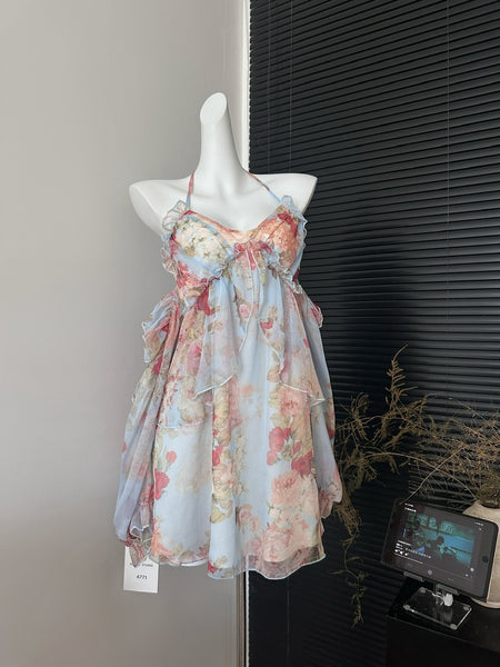 Ruffles Flowing Floral Halter Dress