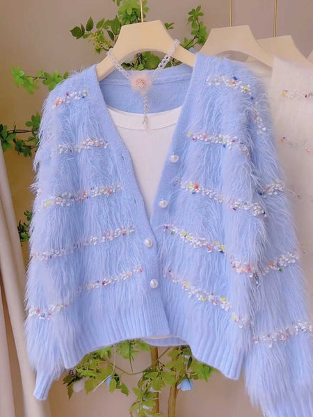 Colorful Bead Embellishments Light Blue Cardigan