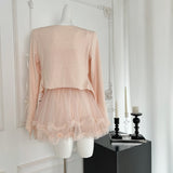 Cardigan Bow-Embellished Top Layered Tulle Skirt Pink Set