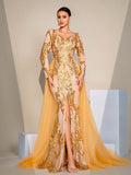 Long-Sleeve Gold Embroidery Tulle Prom Dress