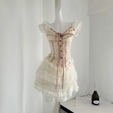 Lace-Trimmed Ruffled Skirt Ribbon Tie Floral Corset-Style Dress