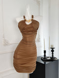 Ruching Fit Beige Halter Neck Dress