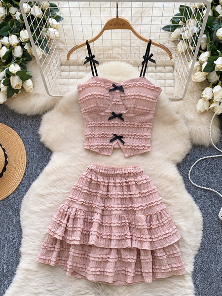 Pink Ruffled Crop Top Mini Skirt Two Piece Set