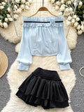 Ruffled Pastel Blue Off The Shoulder Blouse Skirt Set