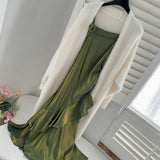 Asymmetric Ruffle Hem Flower Metallic Green Dress