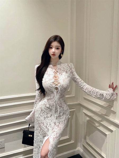 Sexy celebrity lace openwork strap split dress dress