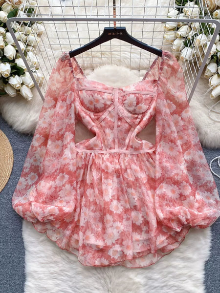 Airy Floral Puff-Sleeve Mini Dress