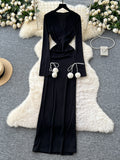 Pom - Pom Ties Long Sleeves Black Maxi Dress