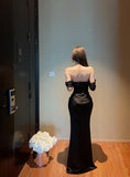 Elegant Off - Shoulder Black Satin Dress with Sparkle Detail