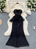 Oversized Bow Sheer Black Strapless Maxi Dress