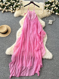 Dramatic Ruffled Layers Hot Pink Halter Maxi Dress