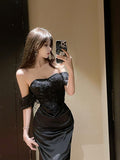 Elegant Off - Shoulder Black Satin Dress with Sparkle Detail