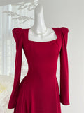 Square Neckline Flowing A-Line Skirt Red Dress