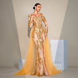 Long-Sleeve Gold Embroidery Tulle Prom Dress