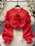 Crimson Charm Ruffled Sleeve Rosette Top